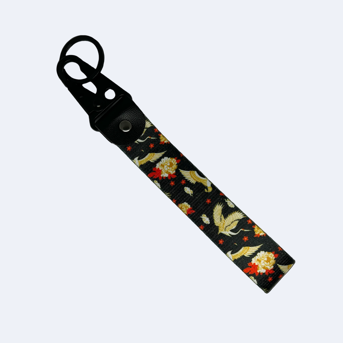 Motorev Ukiyo-e Crane car key tag, a zinc alloy and nylon JDM keyring featuring a traditional Japanese woodblock print crane artwork, scratch resistant and built for JDM and Japanese culture enthusiasts UK