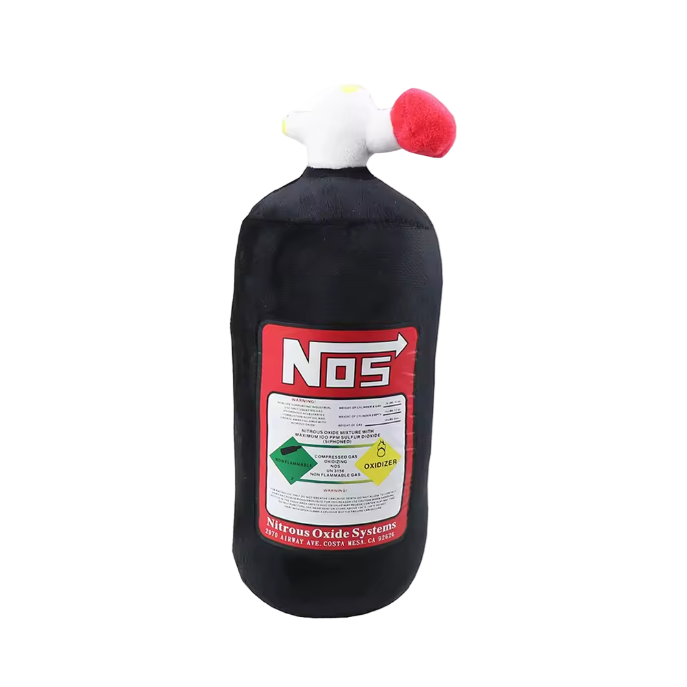 Plush toy shaped like a nitrous oxide system can with red cap