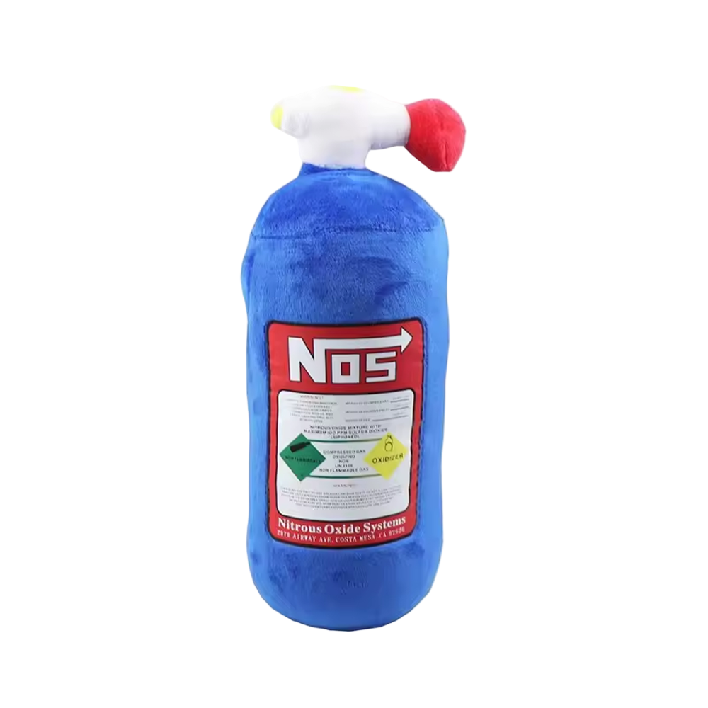 Blue plush toy resembling a nitrous oxide system canister with a red label