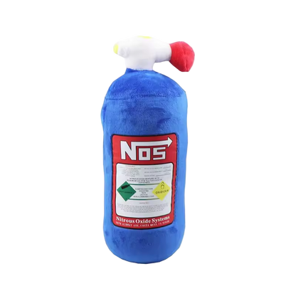 Blue plush toy resembling a nitrous oxide system canister with a red label