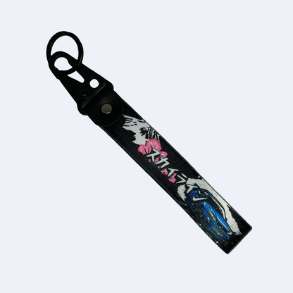 Black key tag with Mount Fuji, cherry blossom and a Nissan GTR, also including Japanese text – Motorev JDM car accessory