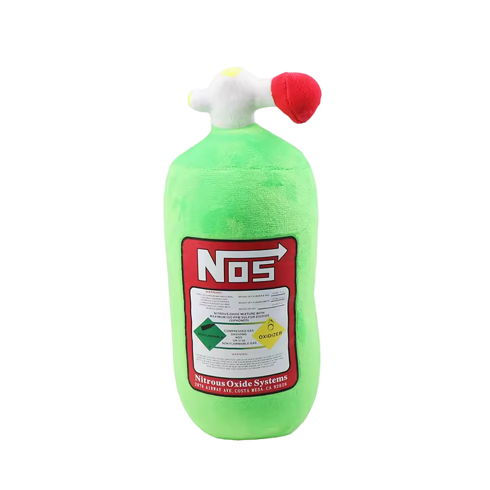 Green plush cushion shaped like a NOS bottle