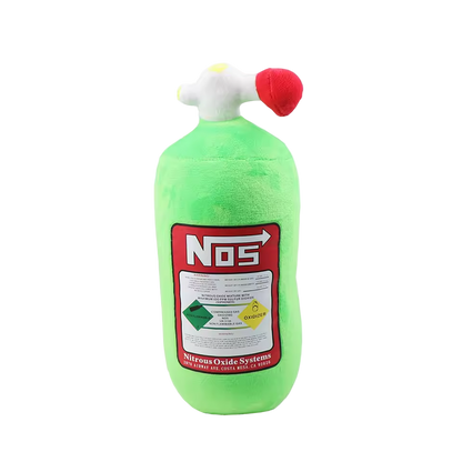 Green plush cushion shaped like a NOS bottle