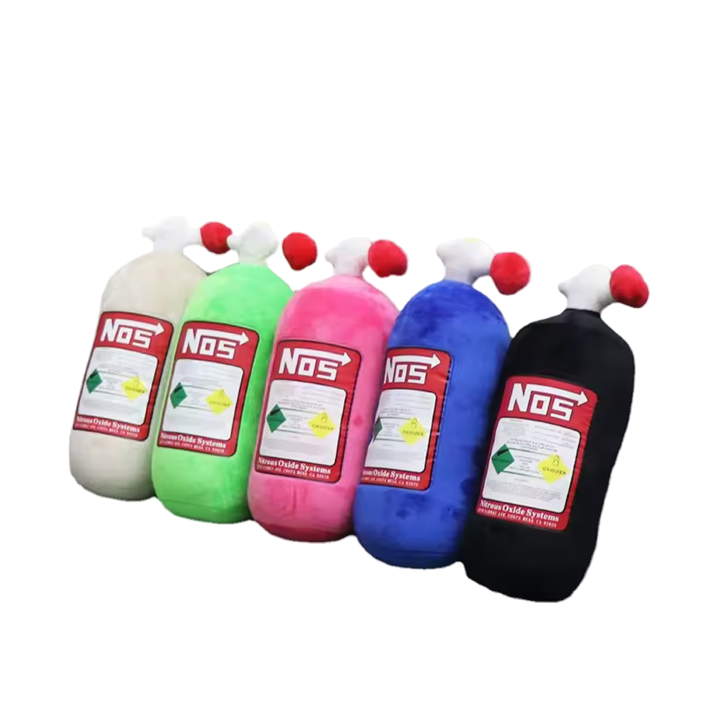 Five colourful NOS nitrogen oxide canister cushions with a JDM theme