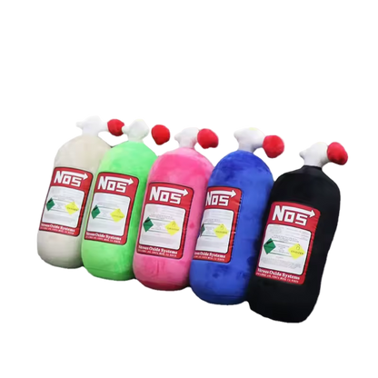 Five colourful NOS nitrogen oxide canister cushions with a JDM theme