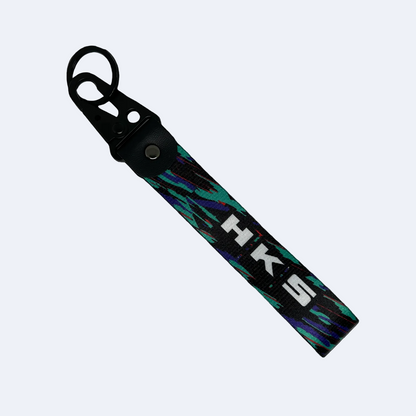 Glitch patterned key tag with HKS branding – Motorev embroidered car keychain