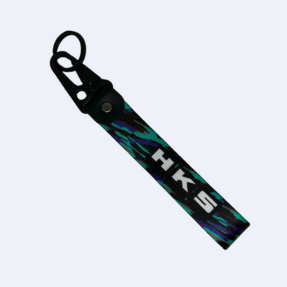 Glitch patterned key tag with HKS branding – Motorev embroidered car keychain