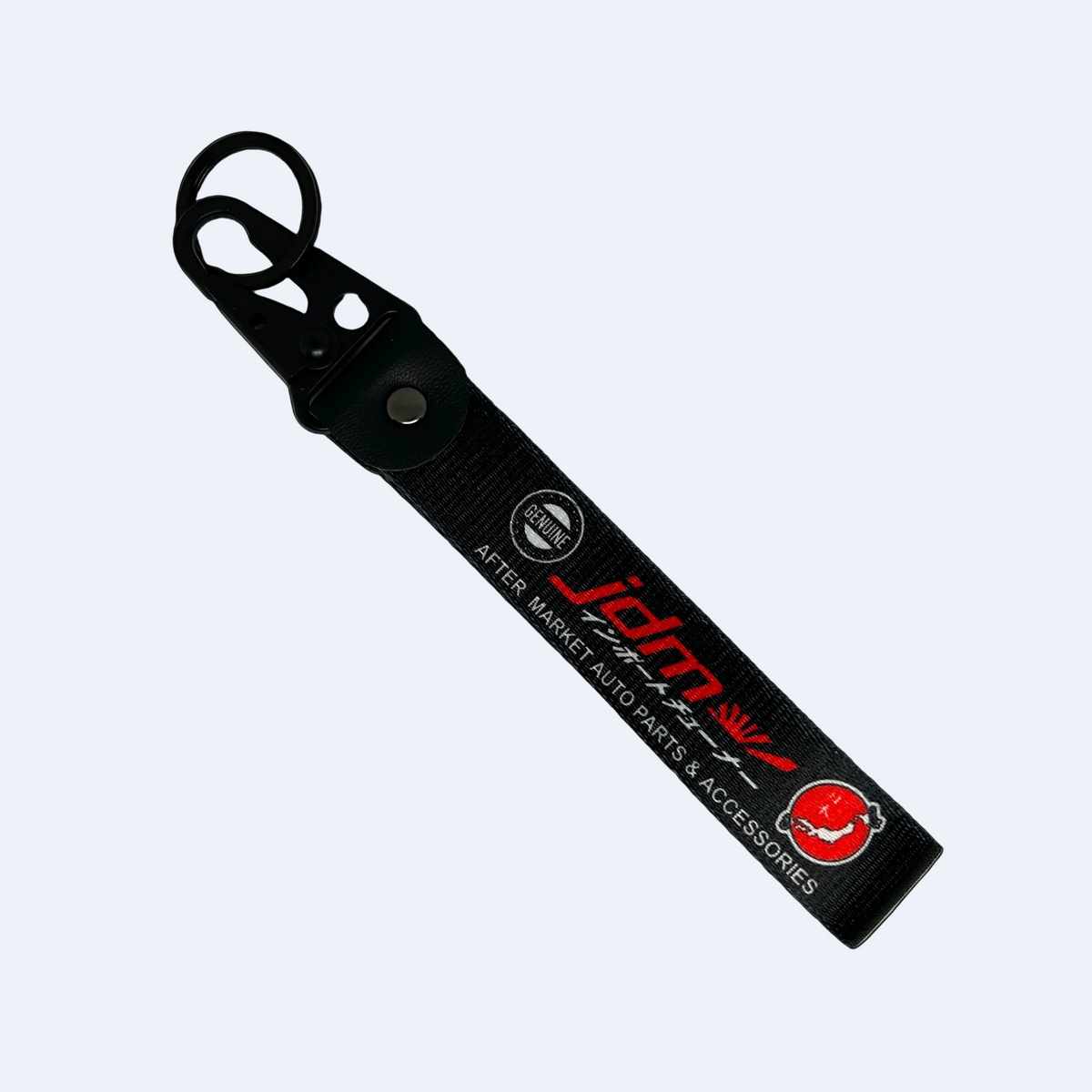Black JDM Import Tuner key tag with bold performance text – Motorev car keychain accessory