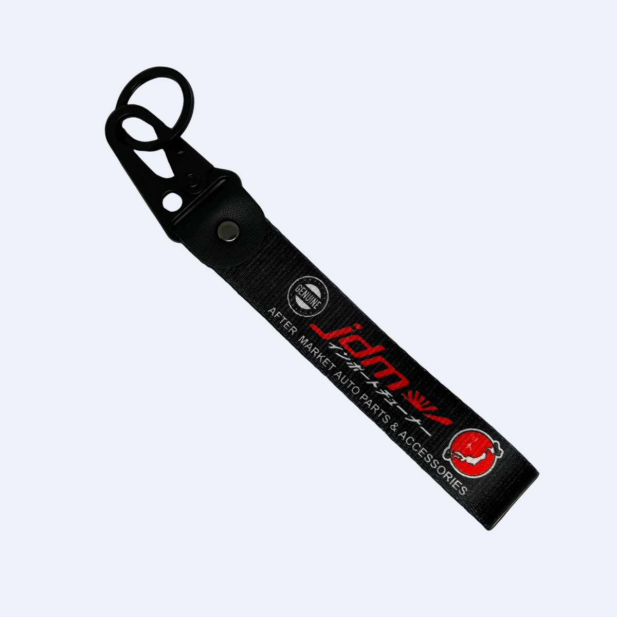 Black JDM Import Tuner key tag with bold performance text – Motorev car keychain accessory