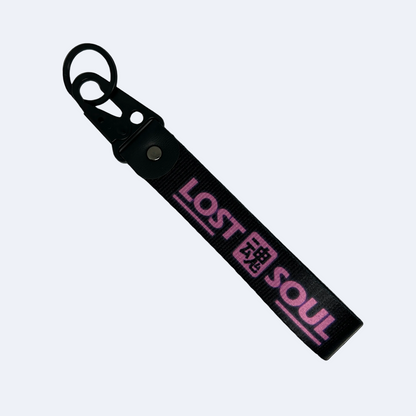 Black Lost Soul key tag with pink text and Japanese soul symbol – Motorev JDM car keychain
