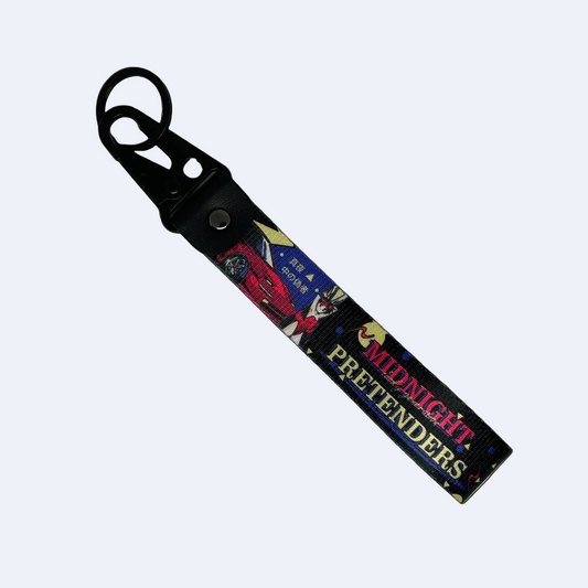 Motorev Midnight Pretenders car key tag, a zinc alloy and nylon JDM keyring featuring bold midnight street racing-inspired artwork, scratch resistant and built for JDM and car culture enthusiasts UK