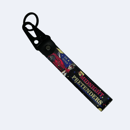 Motorev Midnight Pretenders car key tag, a zinc alloy and nylon JDM keyring featuring bold midnight street racing-inspired artwork, scratch resistant and built for JDM and car culture enthusiasts UK