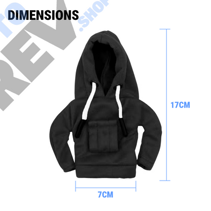 Black hoodie with measurements on a white background - MotoRev Gear Stick Hoodie Dimensions