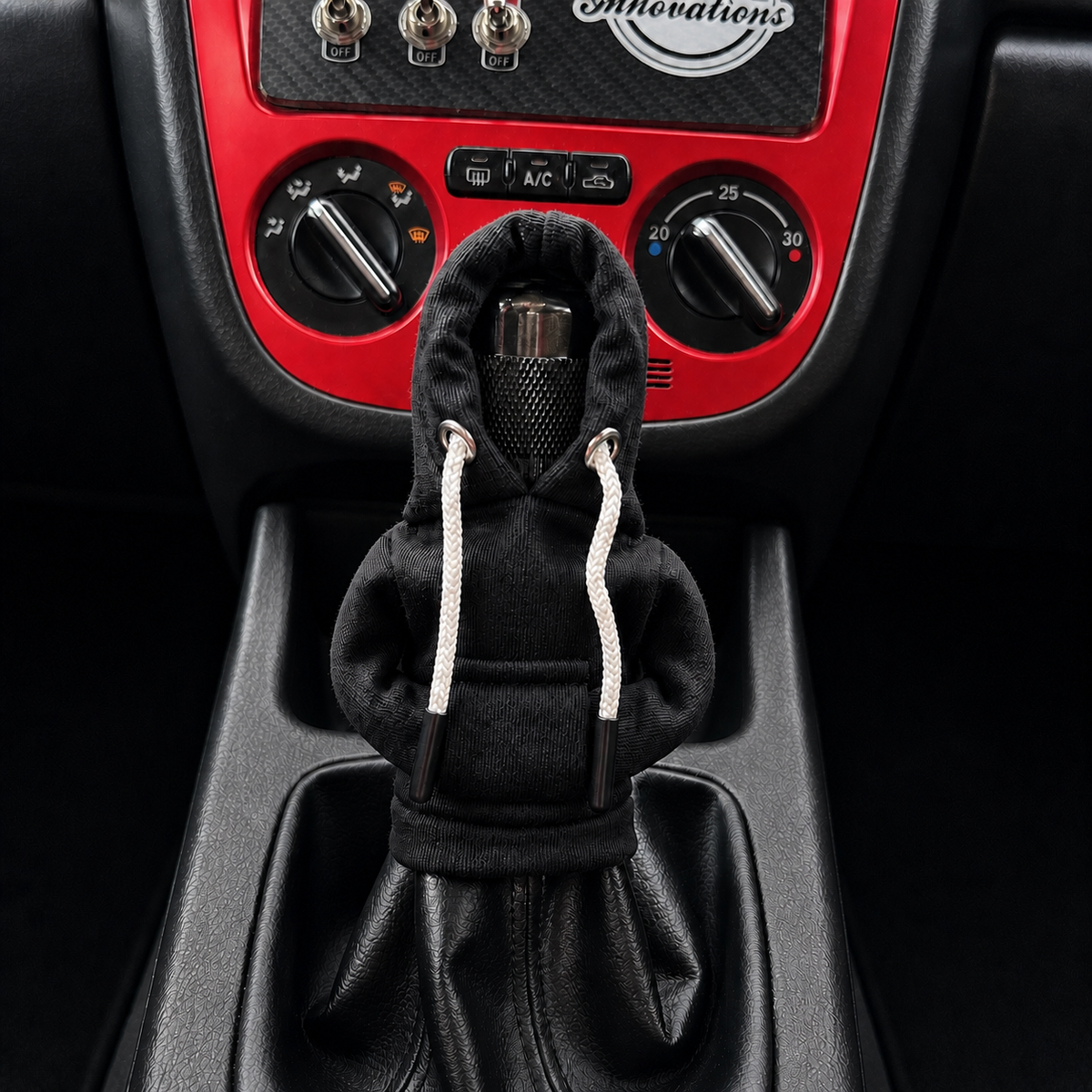 Black gear stick hoodie inside Subaru WRX interior – Motorev car interior accessory
