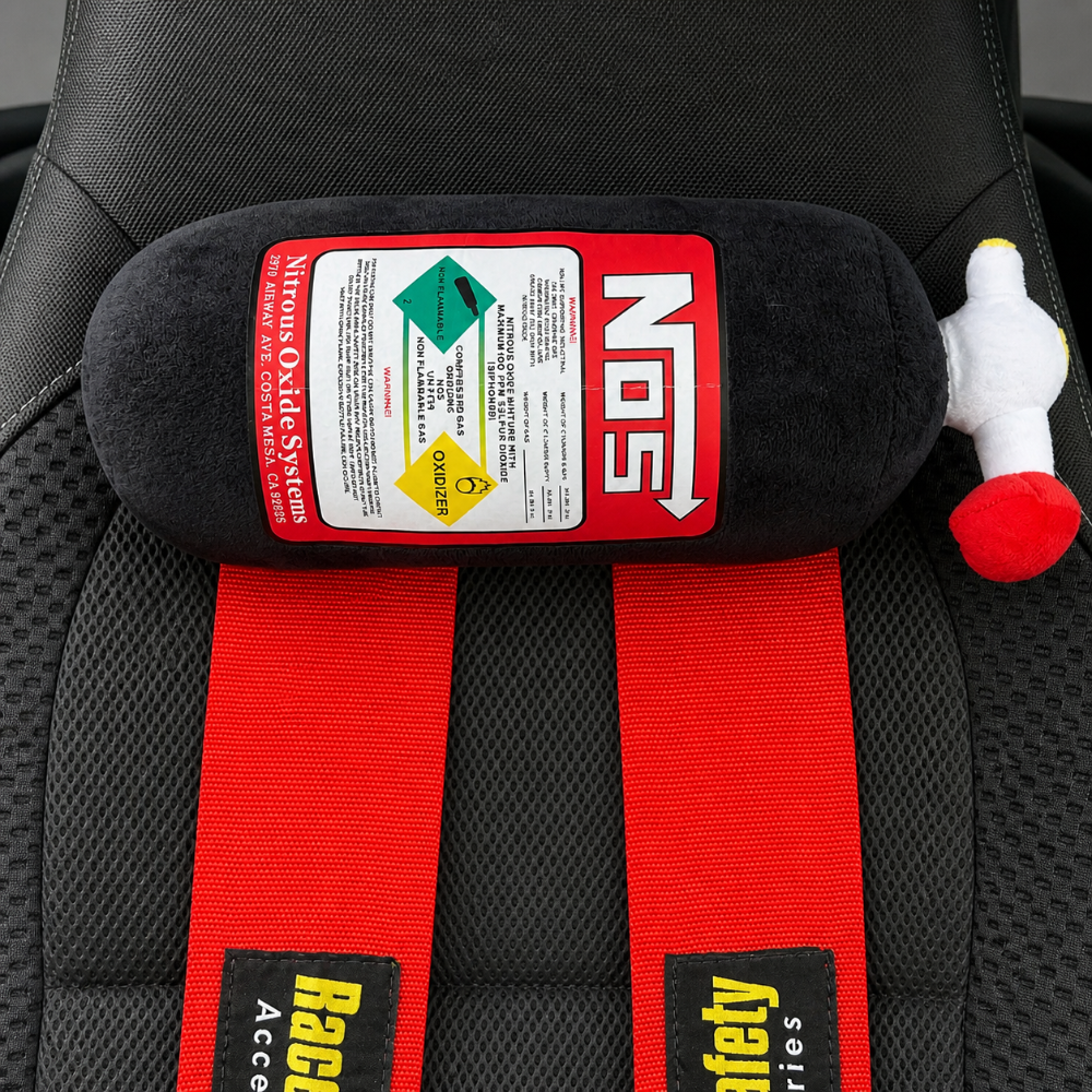 Black NOS bottle cushion with strap mounted in a Subaru WRX interior – Motorev car accessory