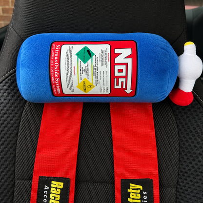 Blue NOS bottle cushion with strap fitted in a Subaru WRX interior – Motorev car accessory