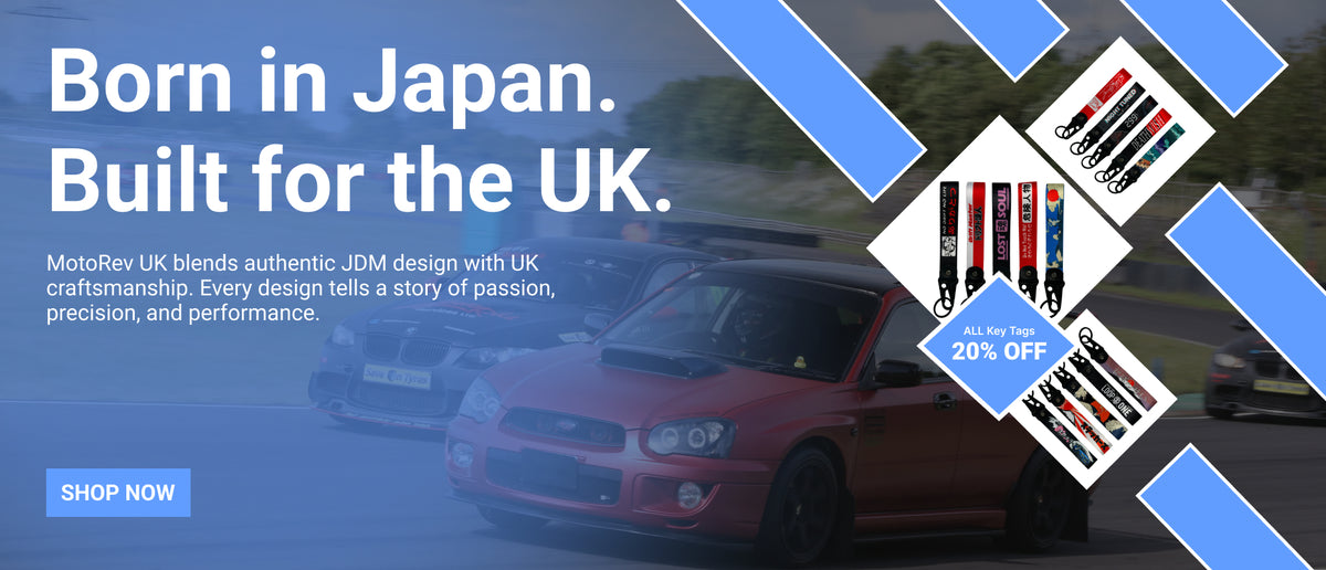 Motorev JDM car key tags homepage banner featuring a red Subaru Impreza on track with a collection of JDM key tags and 20% off promotion, UK automotive accessories