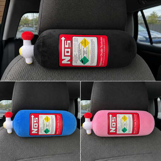 Blue, pink and black NOS bottle cushions with straps shown together in Subaru WRX interior – Motorev car accessories