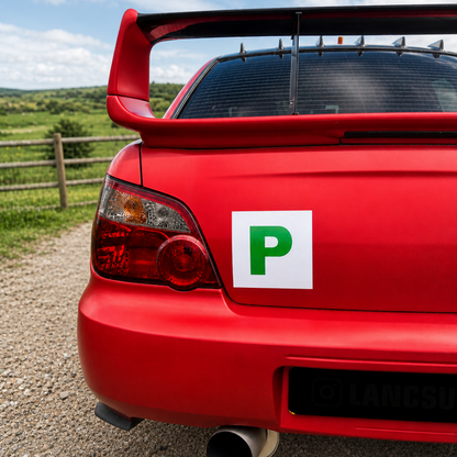 P plates displayed on a Subaru with magnetic backing – Motorev new driver car accessory