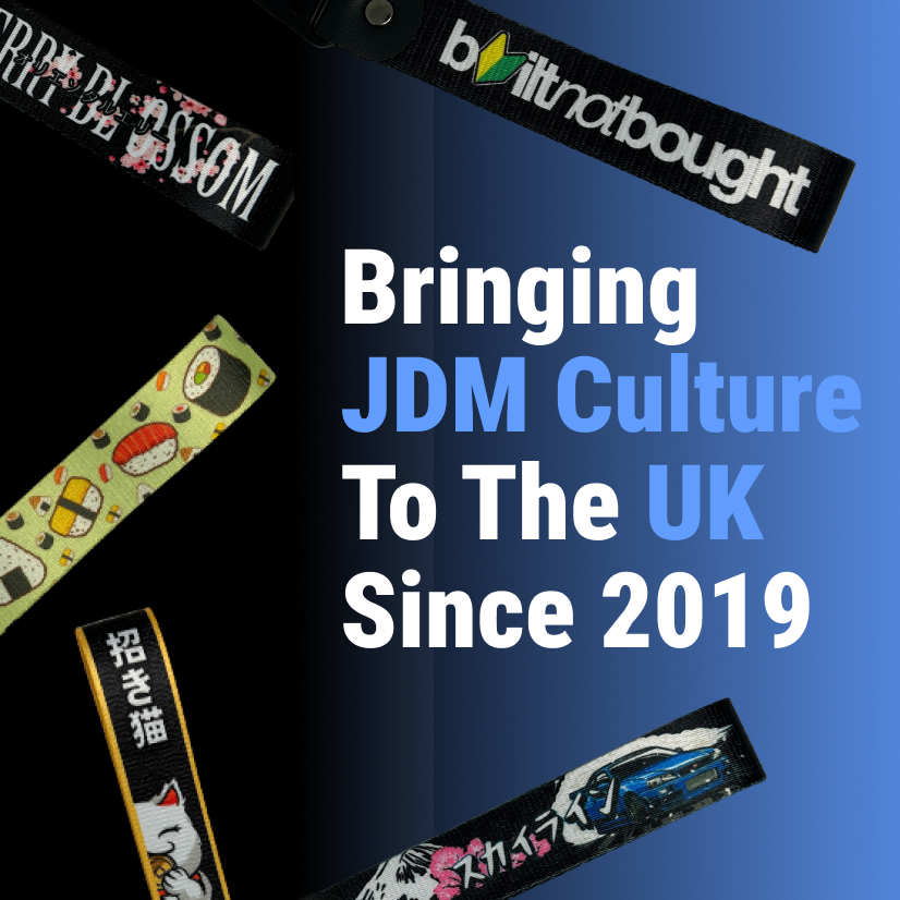 Motorev JDM car key tags square banner showcasing a scattered collection of wrist strap keyrings including Cherry Blossom, Built Not Bought, Sushi, Lucky Cat, Skyline and Japanese kanji designs, UK automotive accessories since 2019