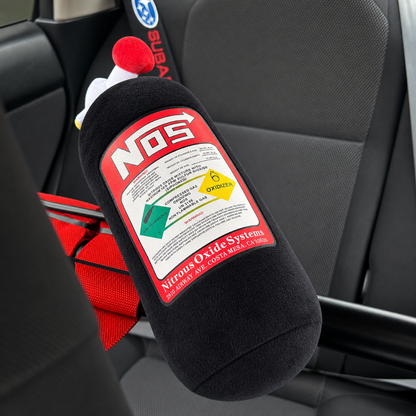 Black NOS bottle cushion with strap mounted in Subaru WRX interior – Motorev automotive accessory