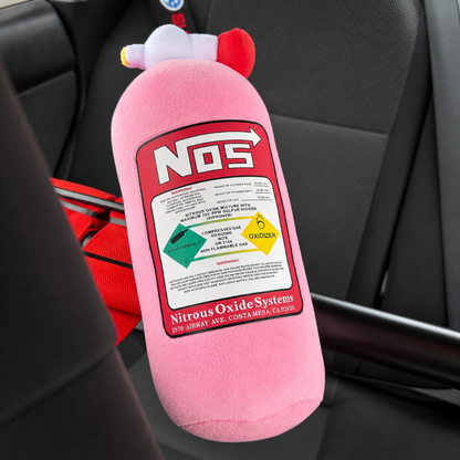 Pink NOS bottle cushion with strap secured inside Subaru WRX cabin – Motorev car accessory