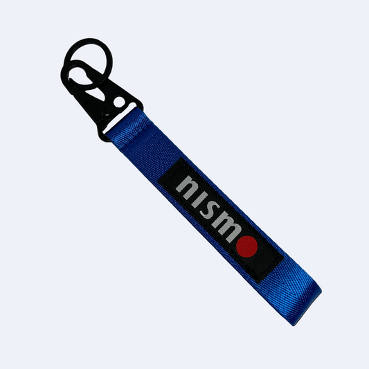 Blue Nismo key tag with performance branding – Motorev JDM car keychain accessory