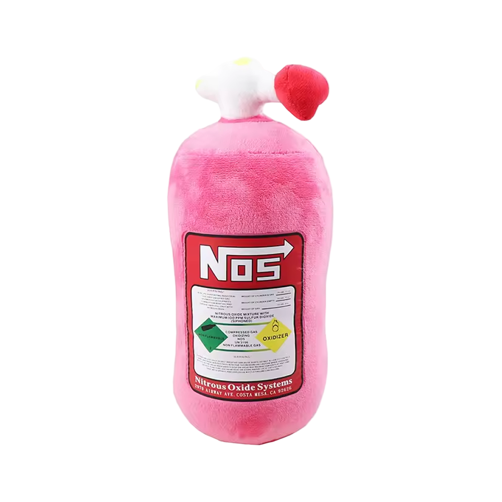 Pink plush cushion resembling a nitrous oxide system can with 'NOS' branding.