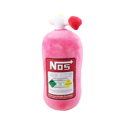 Pink plush cushion resembling a nitrous oxide system can with 'NOS' branding.