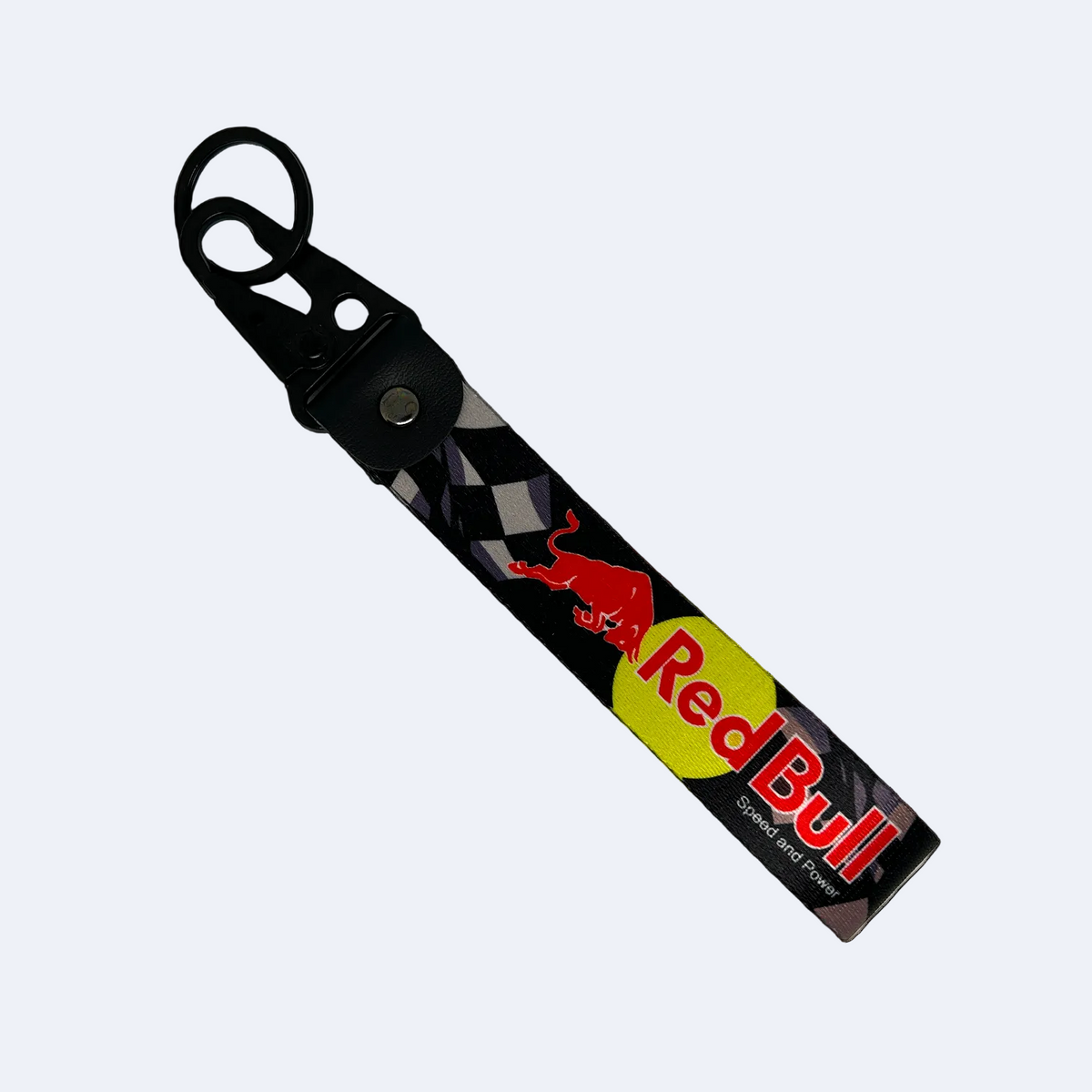 Black lanyard with Red Bull branding and a faint checkered flag design – Motorev performance keychain for car enthusiasts