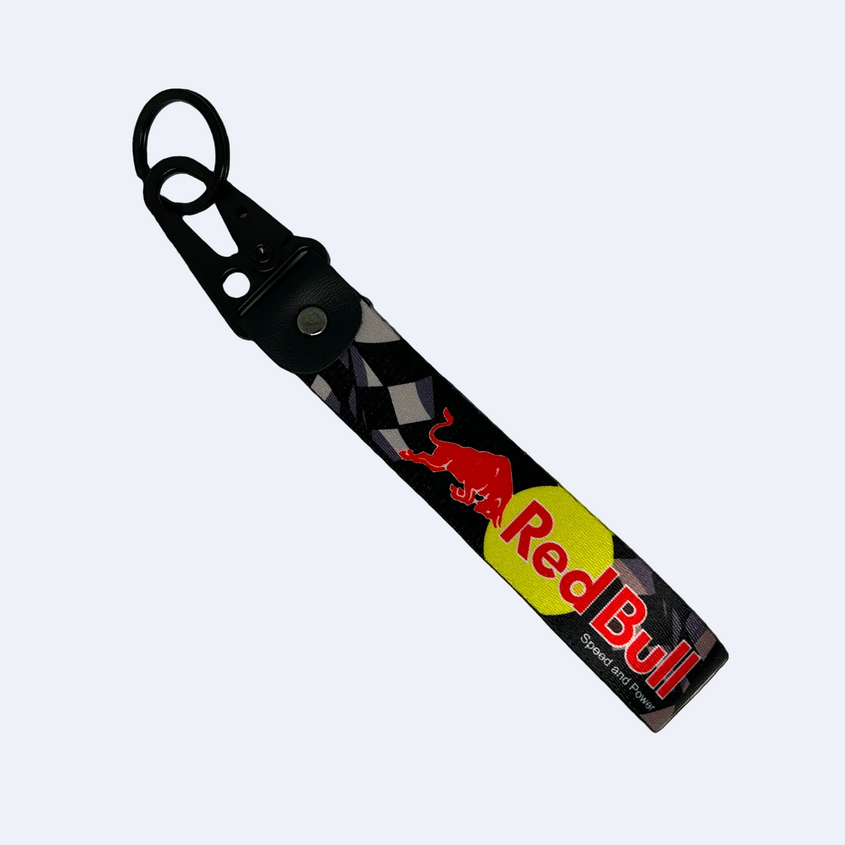 Black lanyard with Red Bull branding and a faint checkered flag design – Motorev performance keychain for car enthusiasts