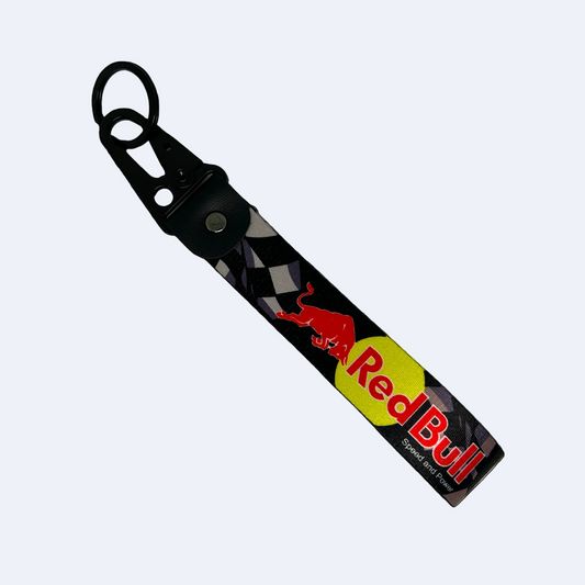 Black lanyard with Red Bull branding and a faint checkered flag design – Motorev performance keychain for car enthusiasts