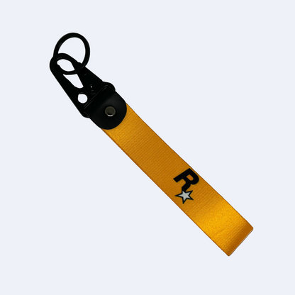 Motorev Rockstar car key tag, a zinc alloy and nylon keyring featuring a bold rockstar-inspired design, scratch resistant and built for car and motorsport enthusiasts UK