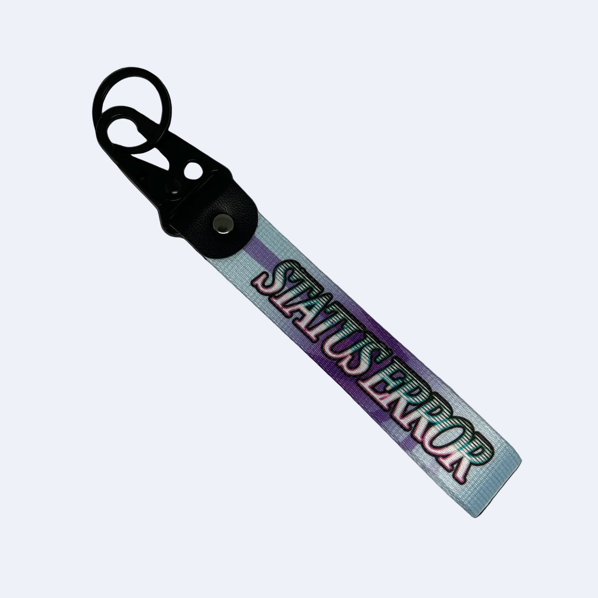 Motorev STATUS ERROR Gradient Bloom car key tag, a blue and purple gradient wrist strap keyring featuring bold STATUS ERROR typography, built for car culture and street style enthusiasts UK