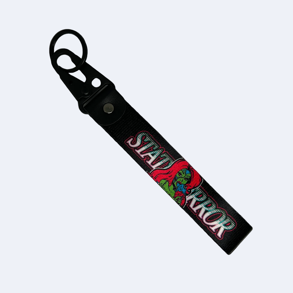 Motorev STATUS ERROR Zombie Girl car key tag, a zinc alloy and nylon keyring featuring a striking zombie girl graphic design, scratch resistant and built for car culture and alternative style enthusiasts UK