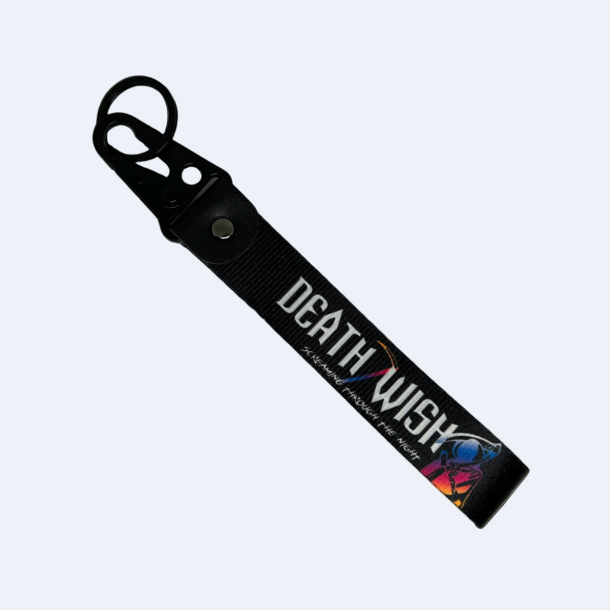 Motorev Screaming Through The Night car key tag, a zinc alloy and nylon keyring featuring a bold night driving-inspired design, scratch resistant and built for car culture and motorsport enthusiasts UK