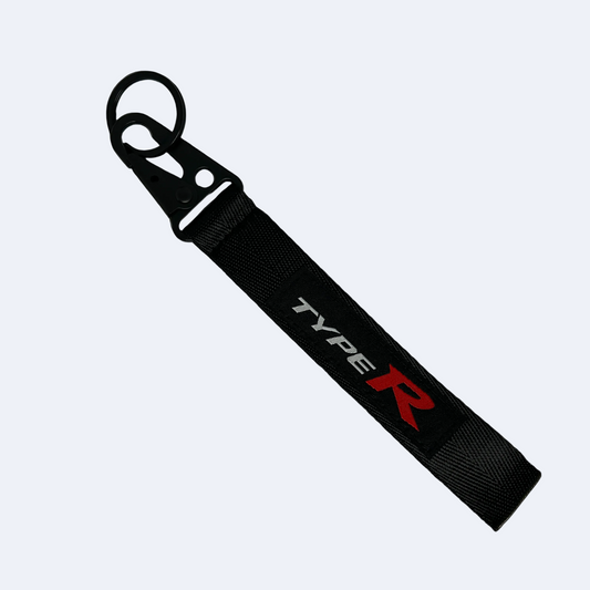 Black Type R key tag with bold performance branding – Motorev JDM car keychain