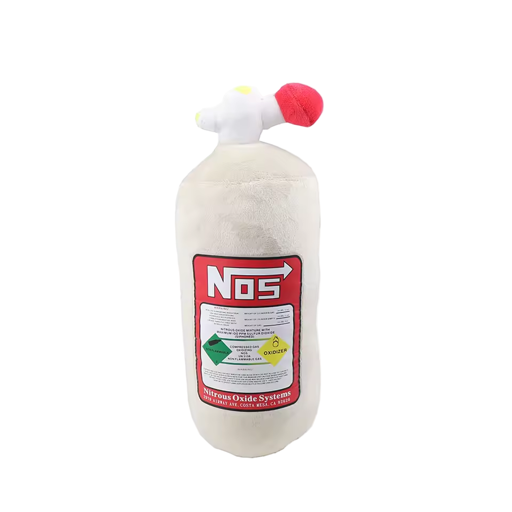 White NOS bottle cushion with red and black label