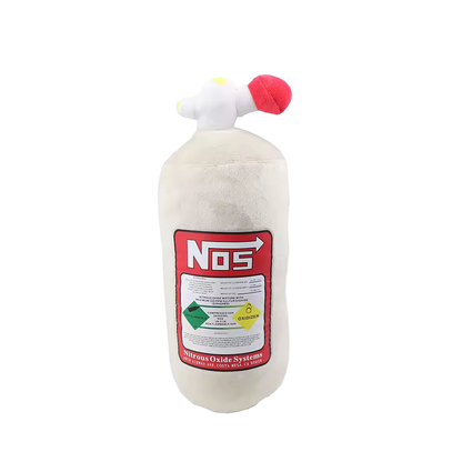 White NOS bottle cushion with red and black label